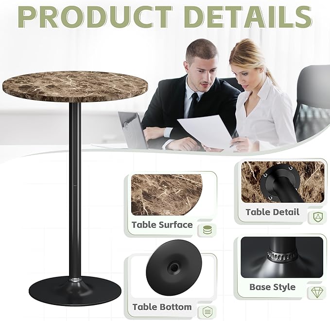 Flamaker Round Bistro Pub Table Modern Style Metal Base MDF Top Cocktail Bar Table Counter Bar Height for Pub, Dining Room, Party (2, Marble-Black) Flamaker