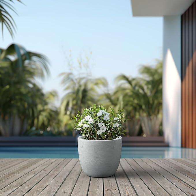 Kante 14 Inch Dia Round Concrete Planter, Indoor Outdoor Large Plant Pot with Drainage Hole and Rubber Plug for Home Patio Garden, Gray Concrete Kante