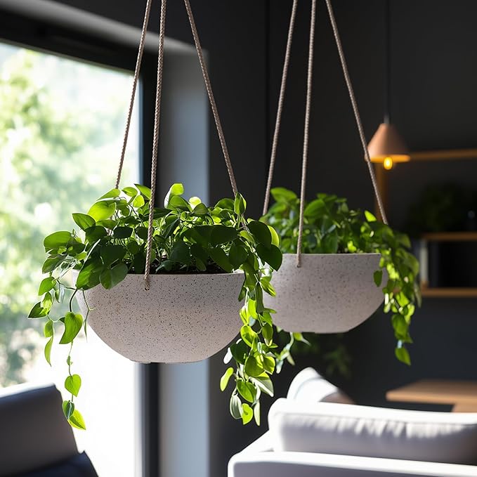 LA Jolie Muse Hanging Planters for Indoor Plants - Flower Pots Outdoor 9.84 inch Garden Planters and Pots,Speckled White Set of 2 LaJol%C3%ADeMuse