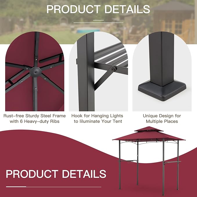 AECOJOY 8' x 5' Grill Gazebo, Grill Canopy for Outdoor Grill, 2- Tier BBQ Gazebo Shelter for Patio, Backyard and More (Wine Red) AECOJOY