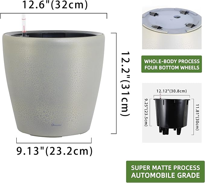 Dexceder 13x12 Self Watering Planter with Wheels Indoor Outdoor, Inner Pot Design, Thickened Large Floor Standing Flower Plant Pot with Water Level Indicator (Grey Gold Crackle) Dexceder