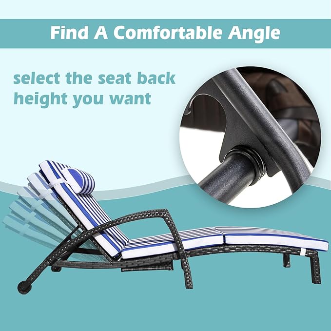 Chaise Lounge Chairs Outdoor Set of 2, Comfy Outside Wicker Patio Pool Lounge Chair w/ 5 Adjustable Back Angle, Cup Holder, Thicken Cushion ZZWHOM