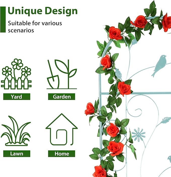 Metal Garden Trellis for Climbing Plants, 86.5" x 19.7" Metal Plant Trellis Outdoor, Green Iron Garden Trellis, Clematis Rrellis Outdoor, Arched Decoration Suitable for courtyards, lawns, Gard, Green FHWTY