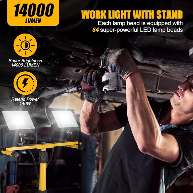 14000Lumen LED Work Lights with Stand - 2 Head Portable Work Light on Stand - IP66 Waterproof Tripod Worklights for Outdoor Indoor Job Site Workshop Garage Construction Site Lighting Rootora