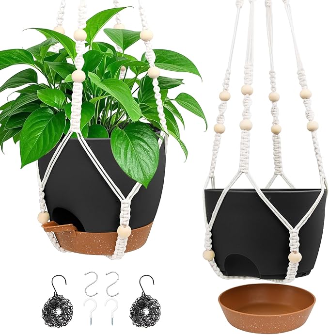 Hanging Planters for Indoor Outdoor Plants, 2 Pack Self Watering Hanging Pot with Drainage Holes, Removable Tray & 2 Kinds of Plant Hangers, 8'' Hanging Flower Pots for Home Garden Decor, Black Vanslogreen