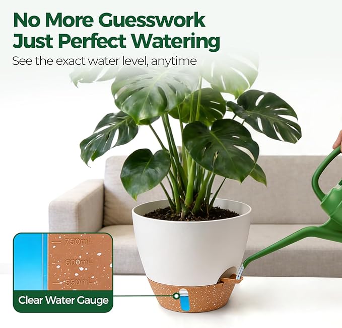 T4U 5 Pack Self Watering Pots (6"+8"+9"+10"+12") - Water Level Indicator & Deep Reservoir, Mess-Free Planters for Busy People, Beginners & Gardeners, Fit Most Plants, Indoor Outdoor Use (White) T4U