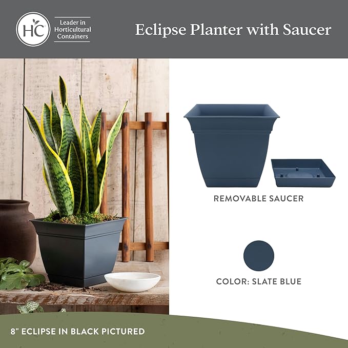 The HC Companies 12 Inch Eclipse Square Planter Pots with Drainage Holes & Attached Saucer, Lightweight UV-Resistant Plastic Indoor Outdoor Planters, 2-Pack Flower Pots, Garden Home Decor, Slate Blue TheHCCompanies