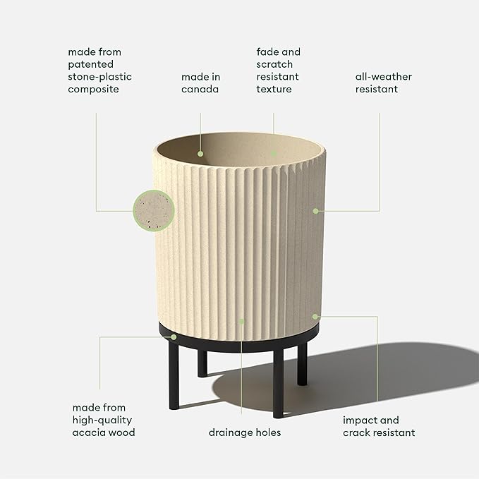 Veradek Demi Series Round Planter w/Stand for Porch/Patio | Durable Plastic-Stone Composite & Wooden Stand | Modern Décor for Tall Plants, Flowers VeradekOutdoor