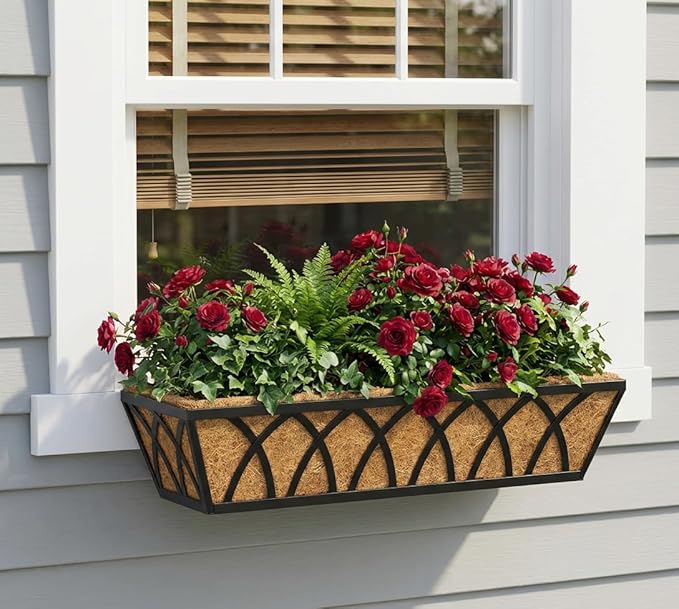Y&M 24 Inch Window Deck with Coco Liner, Fence Metal Hanging Flower Planter Window Basket Deck Railing Planter Boxes for Outdoor Garden Lawn,6pcs YM
