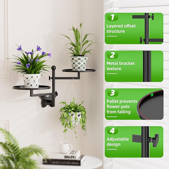 Rotating Window Wall Plant Shelves Indoor Wall Plant Stand Holder 2-Tier Floral Metal Window Shelf Holder for Multiple Plants Space Saving Pet Child Friendly Home Decor Layer Butterfly Design Black Gaoymsym