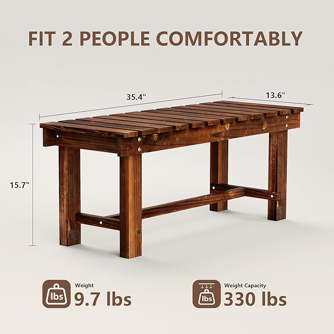 35.5" Outdoor Garden Bench, Weatherproof Patio Benches 2-Person Seat Backless Wooden Porch Bench, Multifunctional Slat All Weather Bench for Garden Lawn Porch Park Backyard (Carbonized Brown) Nidouillet