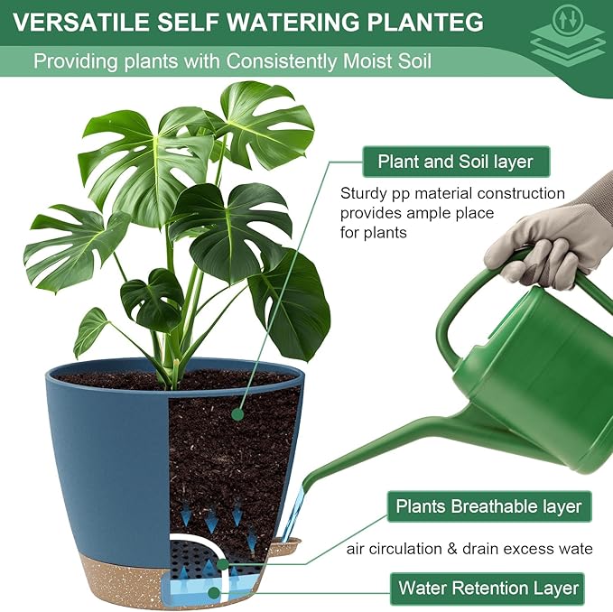 8/10/12 Inch Large Self Watering Pots for Indoor Plants Plastic Plant Pot for Outdoor Plants, Water Level Window & Spacious Reservoir Flower Pots Decorative Planter with Drainage and Tray (Blue) Montresor