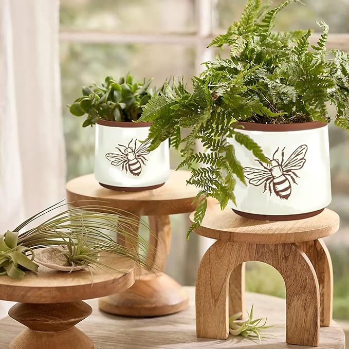 YBX Terracotta Pots Inch with Drainage Holes, Bee Decor, Ceramic Pots for Indoor Plants Flower Pots Outdoor, Succulent, Herbs, Snake Plants (White, 6+4 Inch) YBXYIBOXUAN