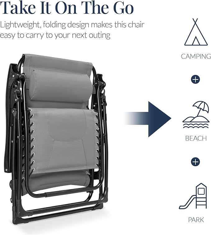 Best Choice Products Oversized Padded Zero Gravity Chair, Folding Outdoor Patio Recliner, XL Anti Gravity Lounger for Backyard w/Headrest, Cup Holder, Side Tray, Polyester Mesh - Ice Gray BestChoiceProducts