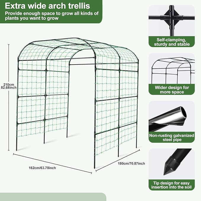 Lalahoni Large Garden Trellis Arch for Climbing Plants Outdoor, 7.8 feet Tall Metal Walkway Arbor Plant Support Vine Flower Vegetables Cucumber Trellis for Raised Bed, with Netting, Lightweight Thereasonyoulovegardening