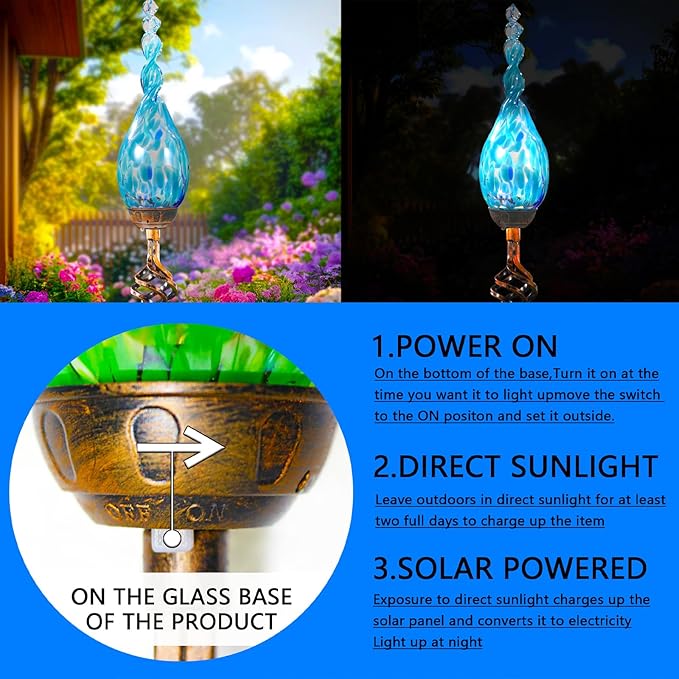 Solar Garden Lights Outdoor, Decorative LED Flame Garden Stakes, Hand Blown Glass and Outdoor Waterproof Glass Stakes (Light Blue) Rootora