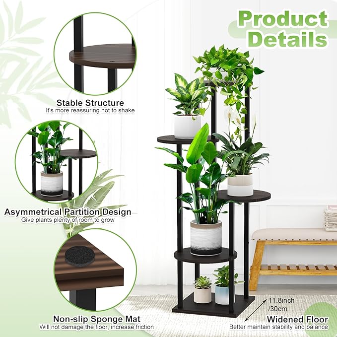 5 Tier Wood Tall Plant Stand Metal Rack Indoor, Multiple Flower Pot Holder Shelves Corner Rack, Round Planter Shelf Display Rack Storage Organizer for Patio Living Room Balcony(Black Oak) YOCOMEY