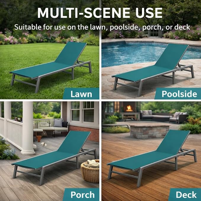 Kozyard Outdoor Foldable Lounge Chair, Aluminum Frame Patio Lounger with 5-Position Adjustable Backrest, Breathable Textilene Fabric, Assemble-Free, Reclining Full-Flat Poolside(MintGreen, Notable) Kozyard