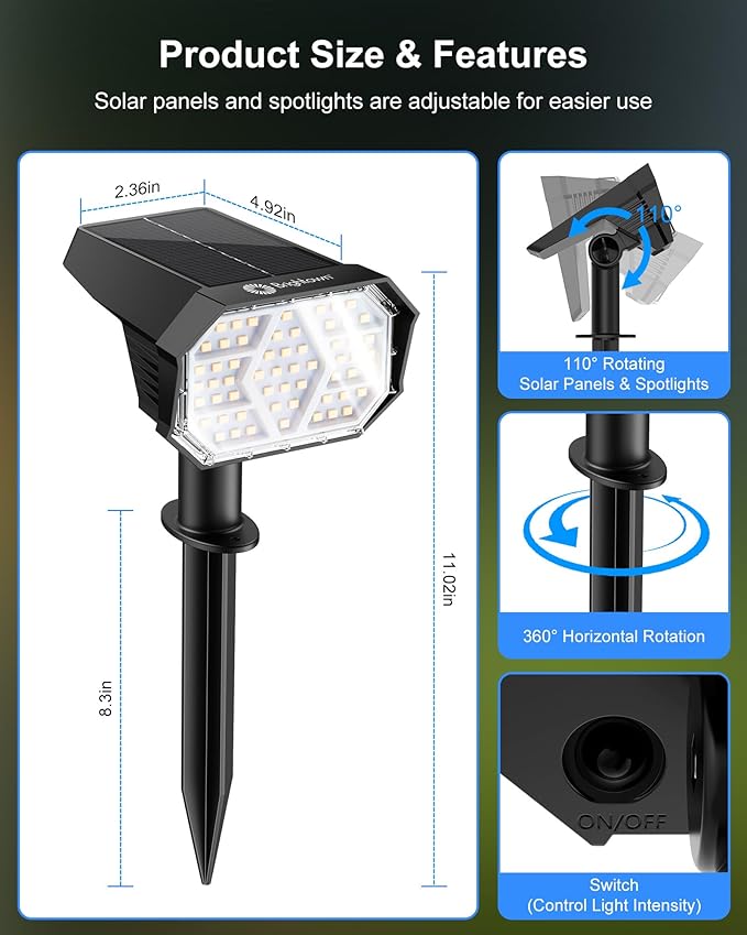 Brightown 4Pack Solar Spot Lights Outdoor with 58 LED & 1800mAh, IP67 Solar Lights Outdoor Waterproof with 3 Light Modes, 2-in-1 Dual Use Outdoor Solar Lights for Yard, Garden and Pathway (Cool White) Brightown