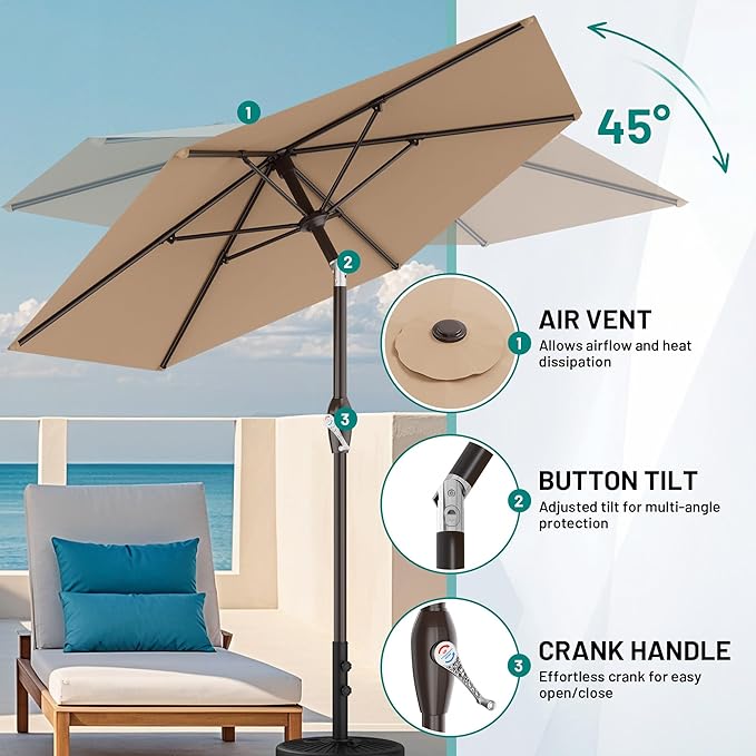 AreShark 7.5FT Patio Umbrella Table Market Umbrella with 6 Sturdy Ribs, Button Tilt/Crank, Heavy-Duty Outdoor Umbrellas for Pool, Deck, Garden and Backyard, Beige Rootora