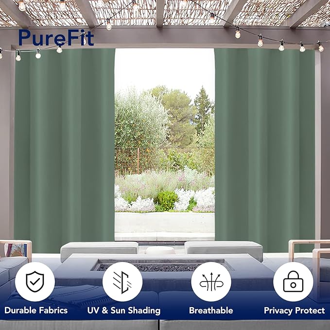 PureFit Outdoor Curtains for Patio Waterproof Weatherproof, UV Resistant Outside Curtains for Gazebo, Front Porch, Pergola, Sun Blocking Privacy Curtain, 52W x 84L inch, 1 Panel, Sage Green PureFit