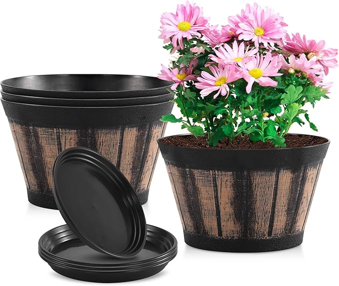Quarut 8 inch Brown Plastic Whiskey Barrel Plant Pots Set of 4 with Drainage Holes and Saucer for Indoor and Outdoor Garden Home Plants Quarut