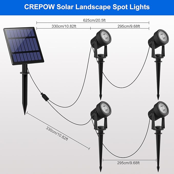 Solar Spot Lights Outdoor, 4-in-1 Solar Landscape Spotlight Waterproof 9.8ft Cable, 5W 3000mAh, Dusk to Dawn Auto ON/Off Adjustable Wall Lights for Yard, Ground, Garden, Pool, Lawn (Cold White) CREPOW