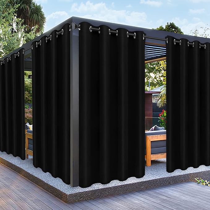 PureFit Outdoor Curtains for Patio Waterproof Weatherproof, UV Resistant Outside Curtains for Gazebo, Front Porch, Pergola, Sun Blocking Privacy Curtain, 52W x 120L inch, 1 Panel, Black PureFit