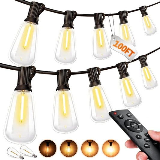 Outdoor String LED Patio Lights - 100Ft 30M Outside Waterproof Light with Remote Dimmable ST38 Shatterproof Bulb Connectable Hanging Outdoor Electric Lighting for Backyard Yard Gazebo Porch Party MGVIH