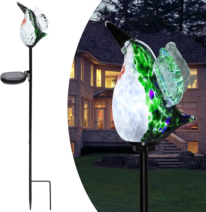 Afirst Decorative Solar Lights Outdoor Solar Hummingbird Stake Lights Hand Blown Glass Decorative Garden Pathway Light Outdoor Waterproof Glass Stakes Green Afirst