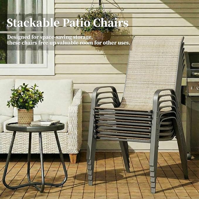 MAMIZO Patio Dining Chairs, Stackable All Weather Teslin Chair, Heavy Duty Outdoor Breathable Chairs Set, w/Armrests, Upgraded Chair FeetW/Strenthened Iron Spacers, 330 LBS (6, Brown) MAMIZO