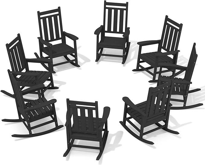KINGYES Oversized Outdoor Rocking Chair Set of 8, All-Weather Patio Rocking Chairs for Porch, HDPE Outdoor Patio Rockers with High Back & Wide Seat for Garden, Lawn, Black KINGYES
