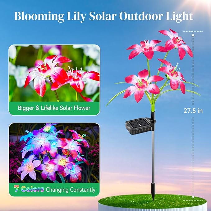 Solar Garden Lights Outdoor, 6 Pack Blooming Lily Solar Flowers Outdoor Waterproof, 7 Color Changing Bigger Flower Lights for Yard Patio Outside Decorative Mom Gift AHAORIGIN