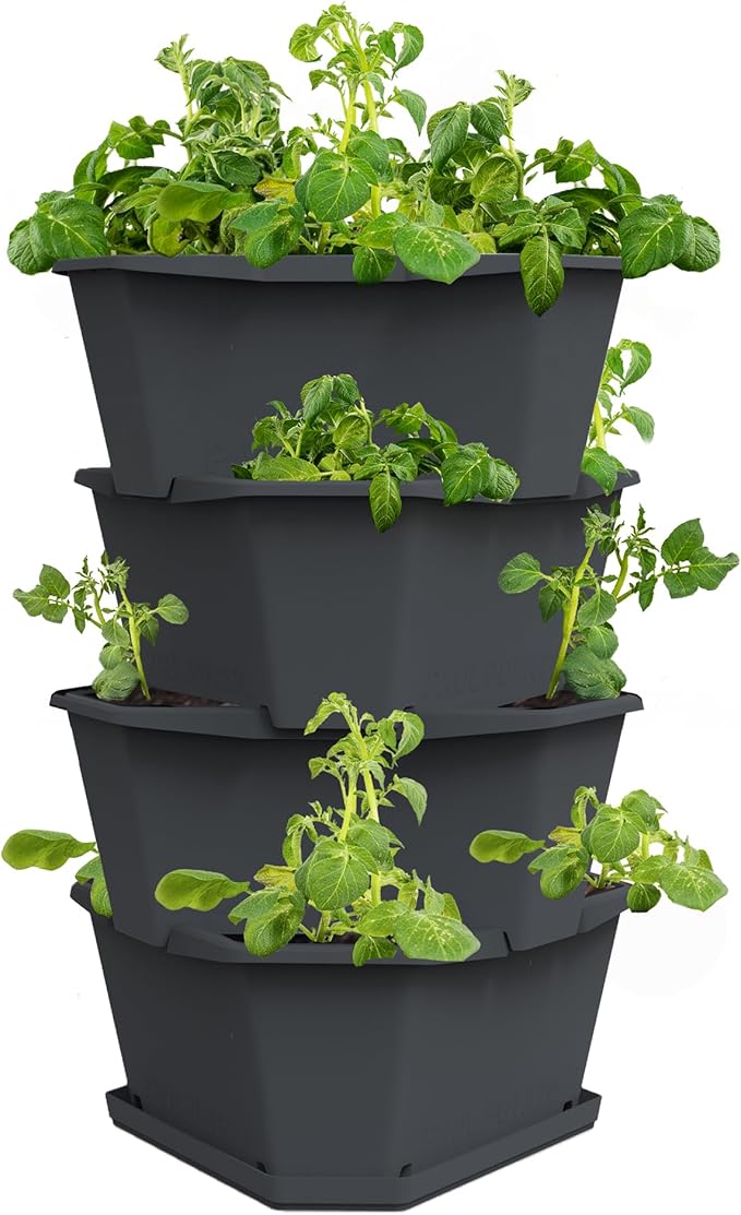 BUZZY Seeds Starter Stackable Vertical Planter – 4-Level Raised Garden Tower for Potatoes, Strawberries, Vegetables & Flowers (Gray) BUZZY
