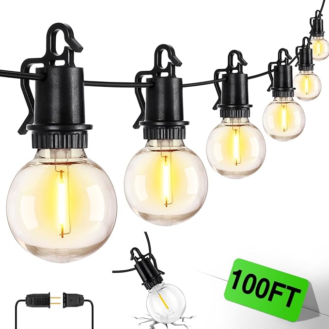 ZJOJO LED Outdoor String Lights,100FT Outdoor Lights for Patio with 32 Shatterproof Bulbs, 2700K Dimmable Waterproof Globe LED Patio Light Lights for Outside Christmas Backyard Bistro Porch Garden ZJOJO