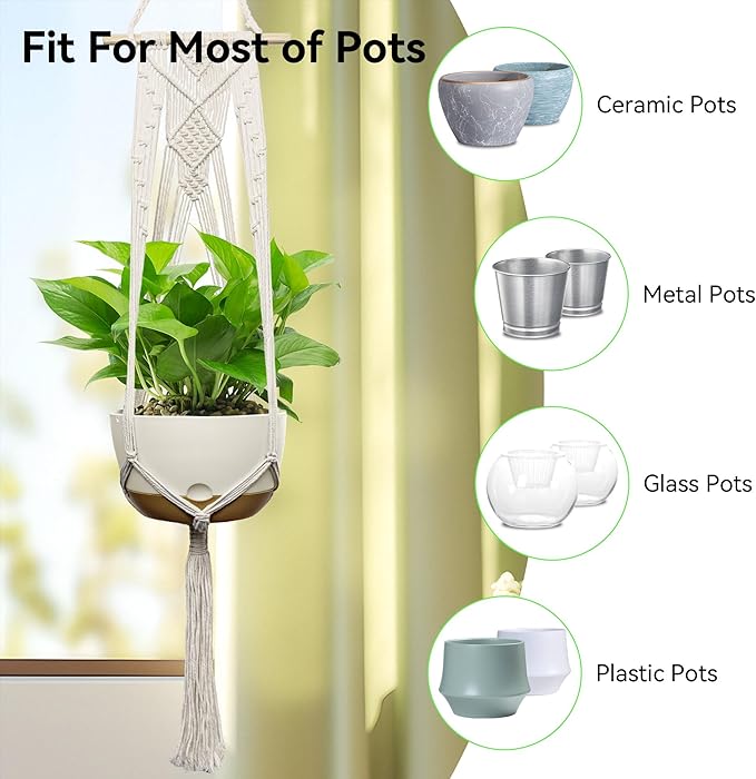 USLAI Macrame Plant Hanger Indoor Outdoor, Fits 4 to 12 Inch Pots, Hanging Planter Holder with Dowel Rod and Tassels, Boho Home Decor, 47+47 Inch, Ivory (POTS NOT Included) USLAI