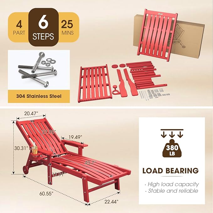 Patio Chaise Lounge Chair, Oversized Lounge Chair Outdoor with 5 Positions, HDPE, Patio Lounge Chair with Wheels & Cup Holder for Pool, Deck, Poolside,Red THOEOE