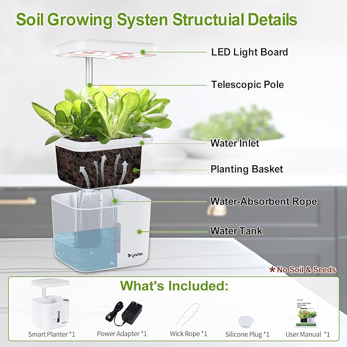 Indoor Garden Planter Growing Systems Soil plant pot indoor Small Smart Soil Gardening System with 17 Watts LED Grow Light Auto Timer Self-Watering Planter Pot Gifts for Mom Women (No Seeds&Soil) Dryades