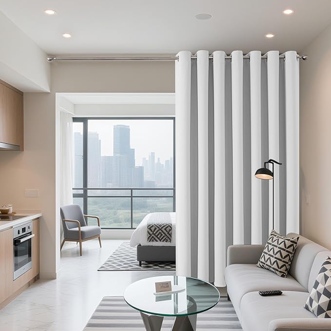 Joydeco Blackout Patio Sliding Door Curtains 84 Inches Long, Grommet Privacy Room Divider Curtains, Extra Wide Thermal Blackout Drapes for Bedroom Living Room (Greyish White, 70Wx84L, 1 Panel) JOYDECO