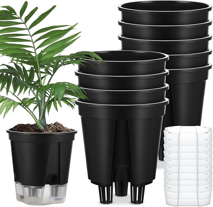 Self Watering Pots for Indoor Plants with Deep Reservoir and High Drainage Holes for Outdoor Plants and Flowers, Bare Root Planter (5.91'',Black,9 Pcs) Wonderjune
