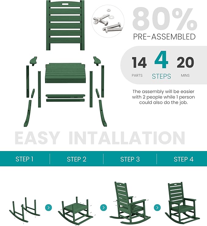 SERWALL Outdoor Rocking Chair Set of 2, Oversized Rocking Chair with Footboard for Adults, HDPE All Weather Resistant Rocking Chairs for Patio, 350lbs Weight Capacity,Green SERWALL