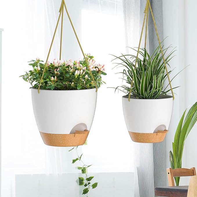 ZMTECH 8 Inch Hanging Planters for Indoor Outdoor Plants, 2 Pack Self Watering Hanging Plant Pots with Drainage Holes and Removable Saucer, Plastic Flower Hanging Pots with Watering Lip (White) HighQualityGardeningTools