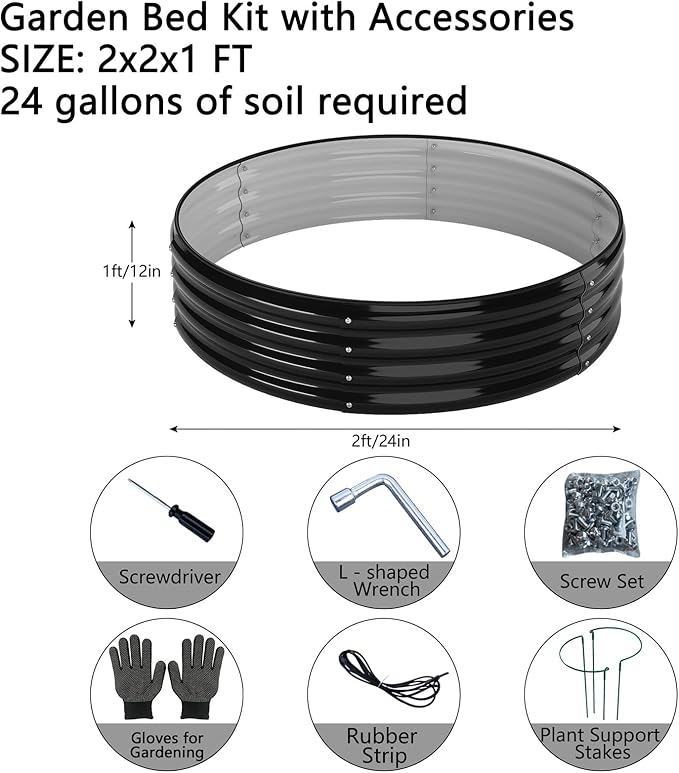 Galvanized Metal Planter Round Raised Garden Bed Kit for Gardening Outdoor，2x2x1ft Grow Garden Box Raised Flower Bed，Round Galvanized Planter Outdoor Metal Fire Pit Ring Black ZFHgarden