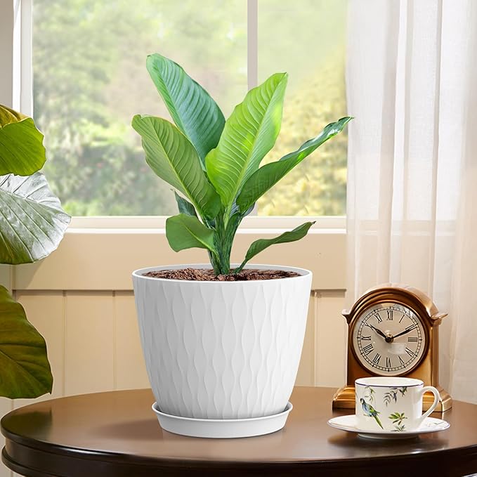 6 inch Flower Pots, 5 Pack Plant Pots with Drainage Holes and Saucers for Indoor Plants, Plastic Planters with Water Ripple for Small Garden House Plants, Nursery Pots for Succulent, White WSMKSZ