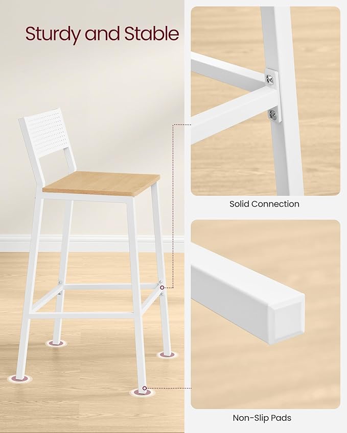 VASAGLE Bar Stool Set of 2, Bar Chairs for Kitchen, Dining Room, Industrial, Oak Beige and White ULBC070W09 VASAGLEbySONGMICSHOME