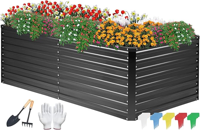 DTIG Galvanized Raised Garden Bed for Vegetables Flowers Herbs, Tall Metal Raised Garden Bed Kit with Garden Tools, Gloves, Plant Labels, Black 6×3×2FT DTIG