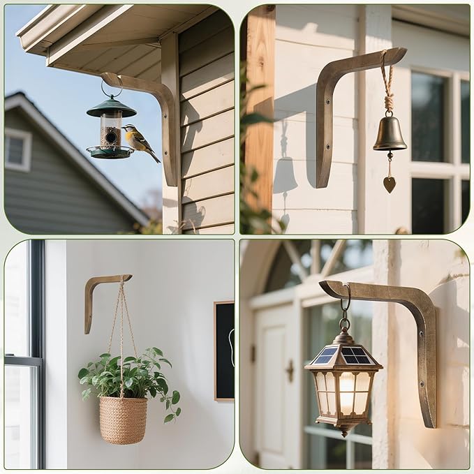 USION Wooden Plant Hangers Indoor Wall Mount, 8.6-Inch Hanging Plant Hooks for Wall, Basket Hooks for Lanterns, Flower Bracket, Wind Chimes, Light, Bird Feeders Decoration (Brown 4PCS) usion