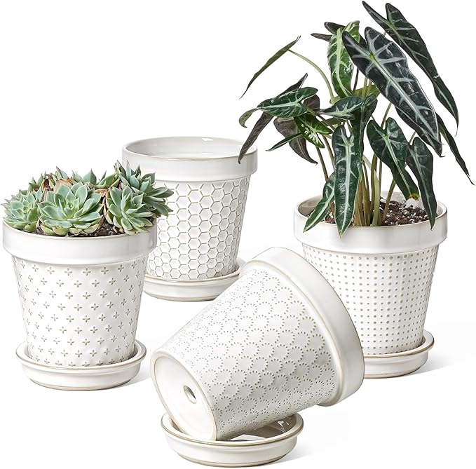 LE TAUCI Ceramic Plant Pots, 6 Inch Flower Pot with Drainage Hole & Saucer, Embossed Planter Pots for Indoor Plant Succulent, Orchid, Cactus, Home Decor - Set of 4, Arctic White LETAUCI