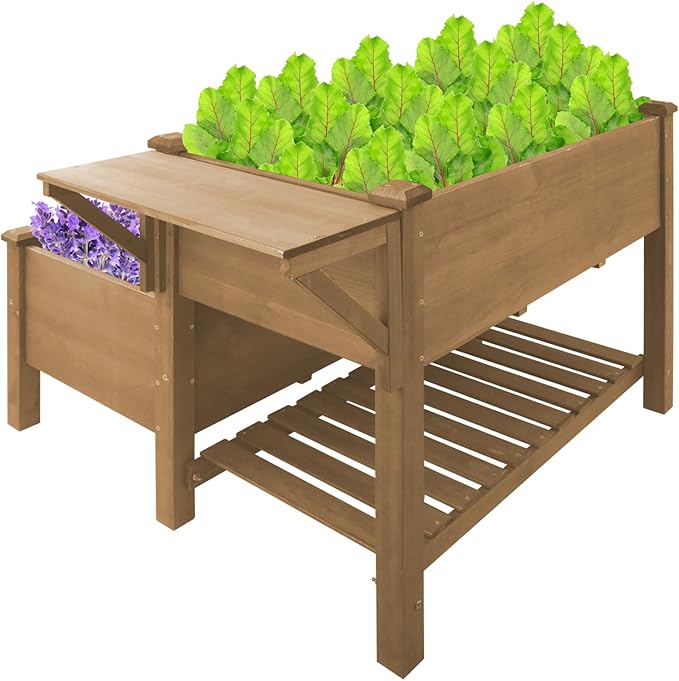 2-Tier Raised Garden Bed with Legs Outdoor Elevated Garden Box,Storage Shelf,Protective Liner for Backyard,Patio,Balcony,55x42x30in (Brown) Ketive