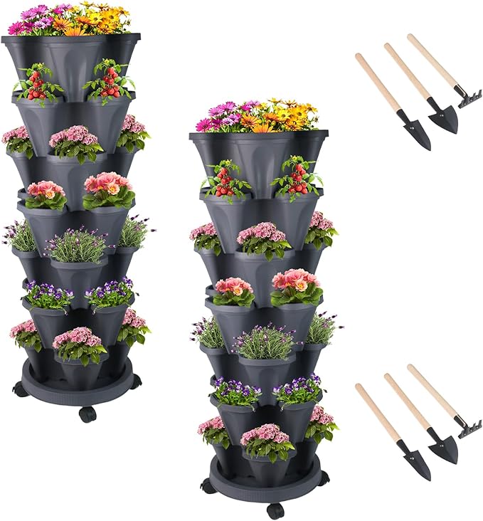 DUNCHATY Stackable Planter, Vertical Garden Planter with Wheels and Tools, Self Watering Strawberry Planter Indoor/Outdoor 7 Tier Herb Planter Pots for Growing Vegetables and Succulents, Dark Gray DUNCHATY